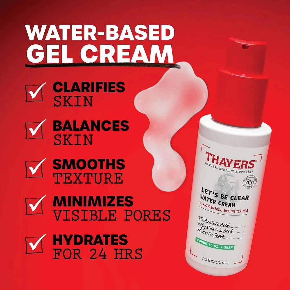 Let's Be Clear Water Face Cream, crème hydratante à base d'acide azélaïque et d'acide hyaluronique, pour les peaux mixtes à grasses, 75 ML Hydrate, matifie et nettoie instantanément