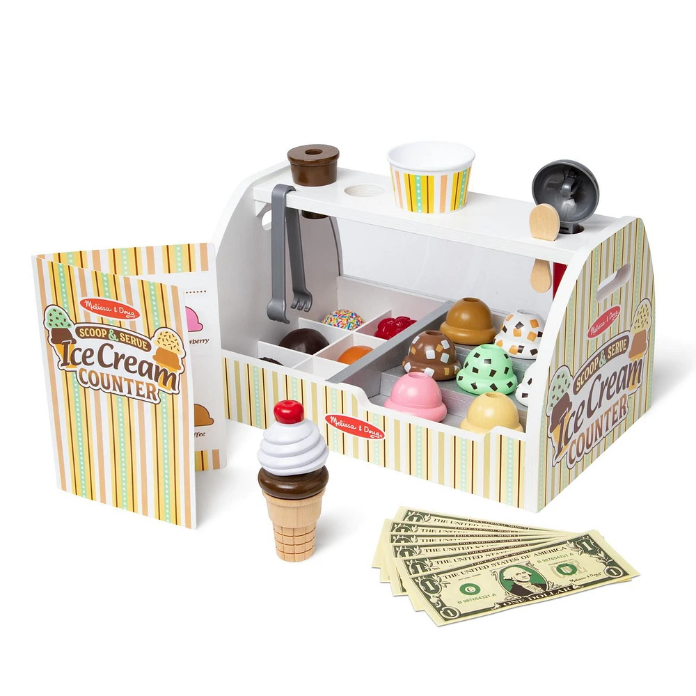 Melissa & Doug Wooden Scoop and Serve Ice Cream Counter (28 pcs) - Play Food and Accessories