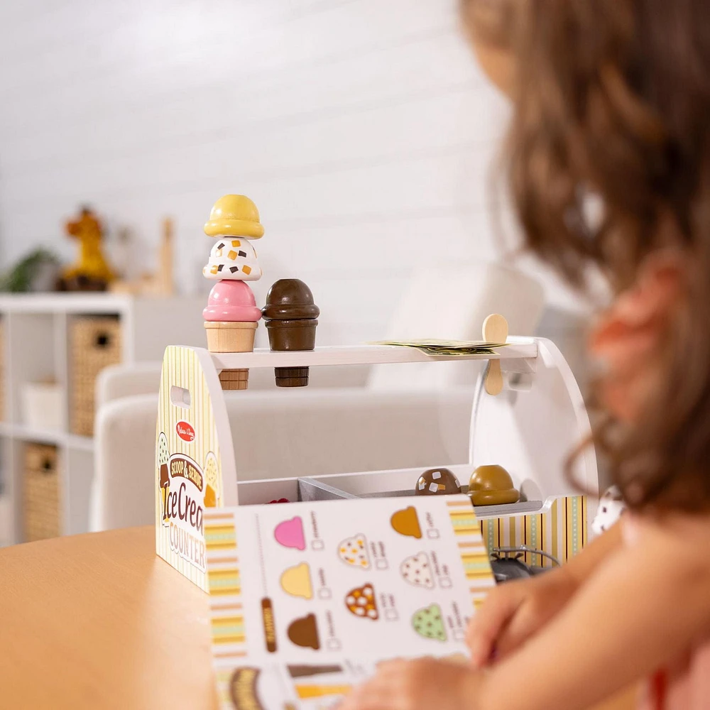 Melissa & Doug Wooden Scoop and Serve Ice Cream Counter (28 pcs) - Play Food and Accessories