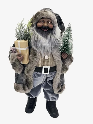 Holiday Time Indoor Decor 18 Inch Santa in Fur Lined Plaid Coat with Present, a Christmas Tree with Ornaments, and Greenery