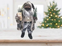 Holiday Time Indoor Decor 18 Inch Santa in Fur Lined Plaid Coat with Present, a Christmas Tree with Ornaments, and Greenery