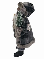 Holiday Time Indoor Decor 18 Inch Santa in Fur Lined Plaid Coat with Present, a Christmas Tree with Ornaments, and Greenery