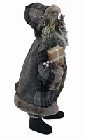 Holiday Time Indoor Decor 18 Inch Santa in Fur Lined Plaid Coat with Present, a Christmas Tree with Ornaments, and Greenery