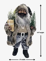 Holiday Time Indoor Decor 18 Inch Santa in Fur Lined Plaid Coat with Present, a Christmas Tree with Ornaments, and Greenery