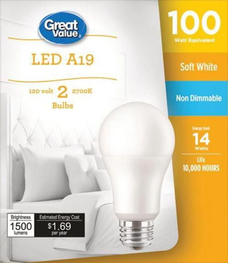 Great Value 100W A19 Soft White LED Light Bulbs - 2 Pack, GV 100w LED