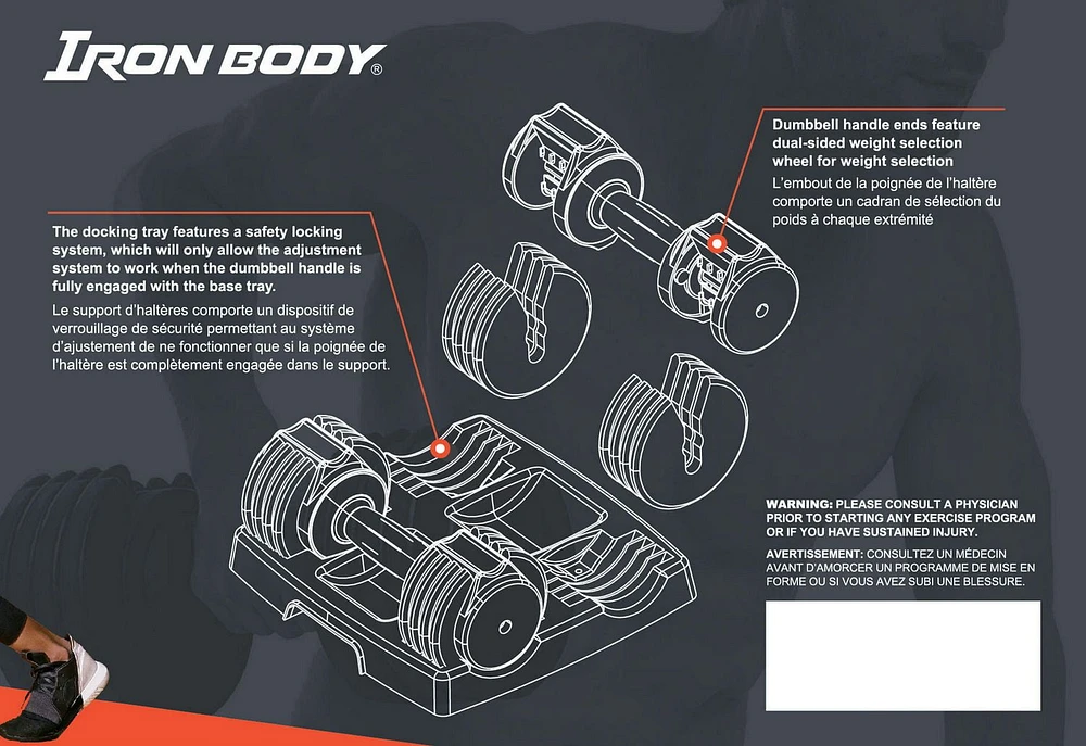 IBF Iron Body Fitness Adjustable Dumbbell Set - 25 lbs. (11.34 kg) - 2 x 12.5 lbs. (5.67 kg) - Easily adjusts in 2.5 lb. (1.3 kg) increments from 2.5 lbs. (1.3 kg) to 12.5 lbs. (5.67 kg) each - Improve Power, Strength & Flexibility