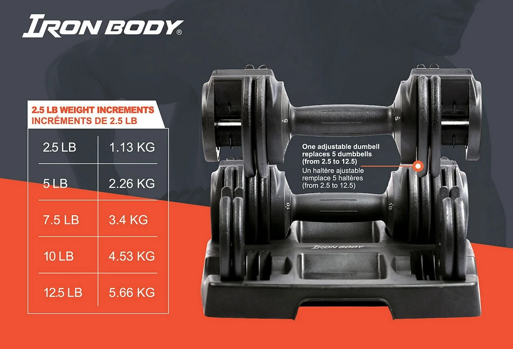 IBF Iron Body Fitness Adjustable Dumbbell Set - 25 lbs. (11.34 kg) - 2 x 12.5 lbs. (5.67 kg) - Easily adjusts in 2.5 lb. (1.3 kg) increments from 2.5 lbs. (1.3 kg) to 12.5 lbs. (5.67 kg) each - Improve Power, Strength & Flexibility