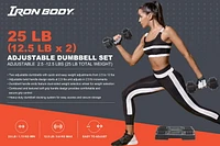 IBF Iron Body Fitness Adjustable Dumbbell Set - 25 lbs. (11.34 kg) - 2 x 12.5 lbs. (5.67 kg) - Easily adjusts in 2.5 lb. (1.3 kg) increments from 2.5 lbs. (1.3 kg) to 12.5 lbs. (5.67 kg) each - Improve Power, Strength & Flexibility