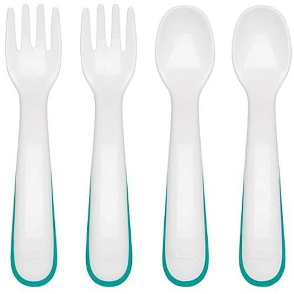 OXO Tot - Plastic Fork & Spoon Multipack - Training Set - Encourage Self-Feeding - Easy for Little Ones to Hold - Baby Toddler Feeding Utensils - Teal - 61127900
