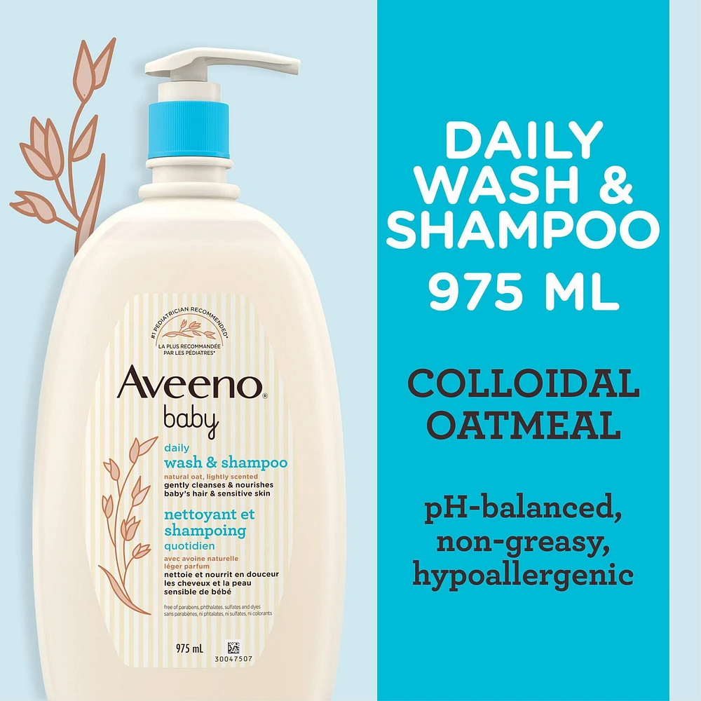 Aveeno Baby Nettoyant et shampoing quotidien pour cheveux et peau sensible de bébé - Avec avoine naturelle - Sans parabènes, ni phtalate, ni sulfates, ni colorants 975 ml