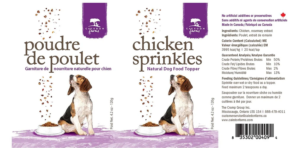 Caledon Farms Chicken Sprinkles Natural Dog Food Topper, 120g