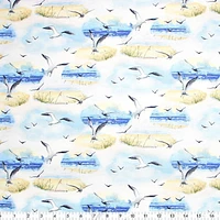 Fabric Creations White with Sea Shore Scenes and Seagulls Cotton Fabric by the Metre