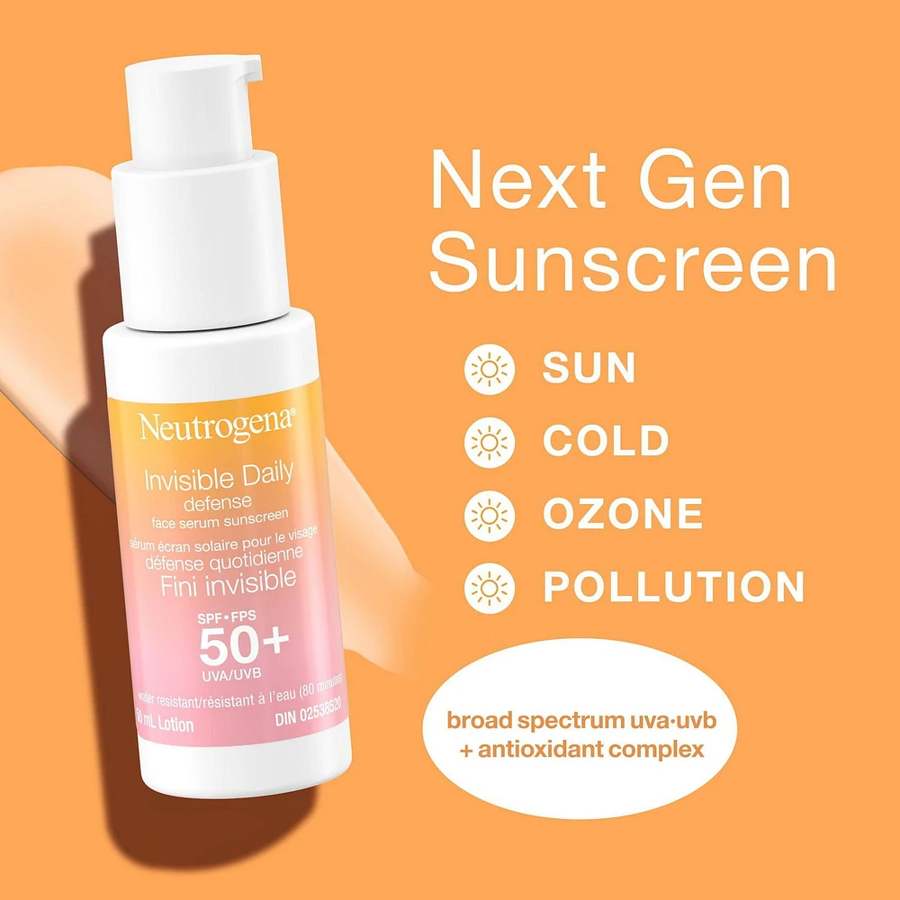 Neutrogena Invisible Daily Defense Face Serum Sunscreen, SPF 50+,  Face Sunscreen, UVA & UVB, Antioxidants, Fragrance Free, 50 mL