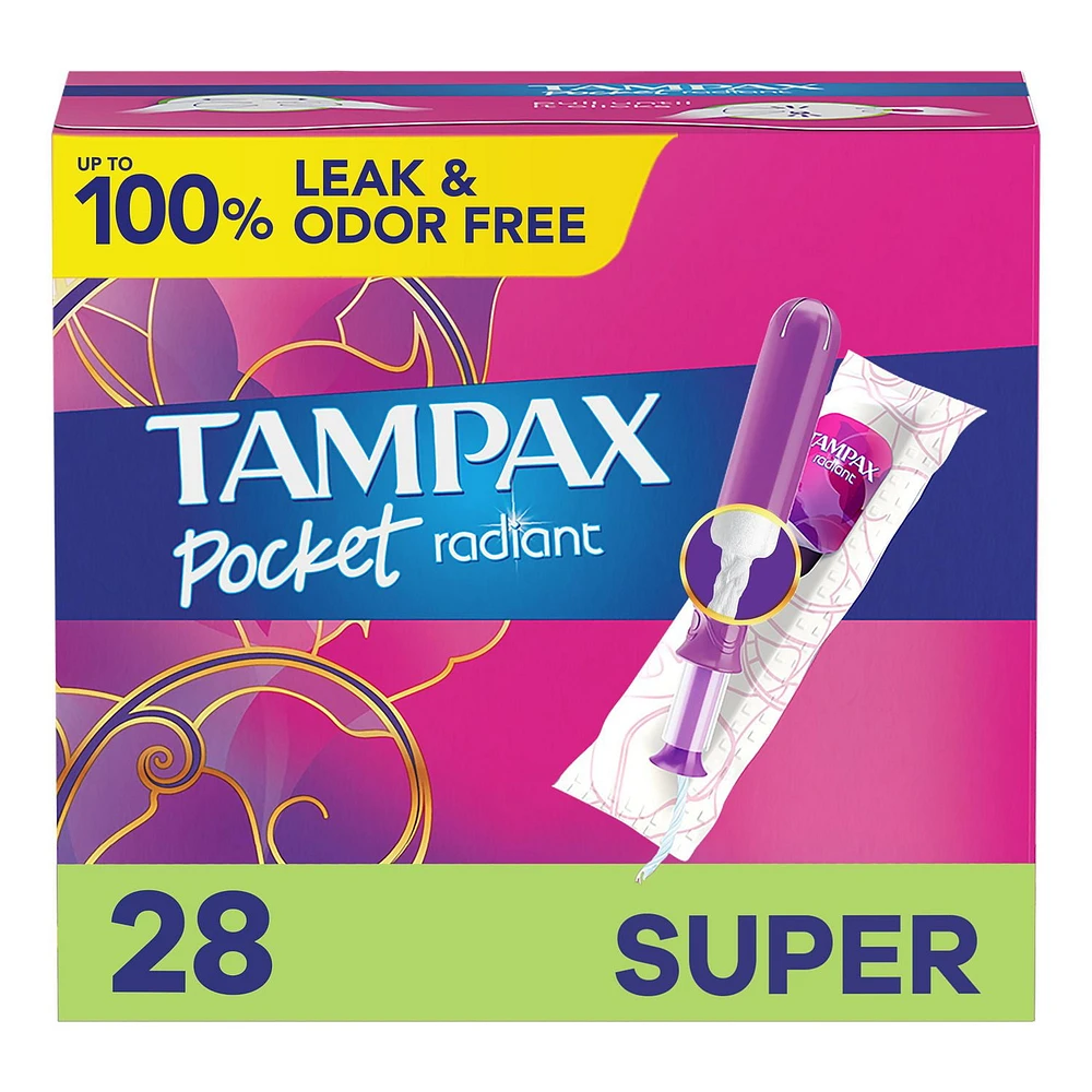 Tampax Pocket Radiant Compact Plastic Tampons, With LeakGuard Braid, Super Absorbency, Unscented, 28CT