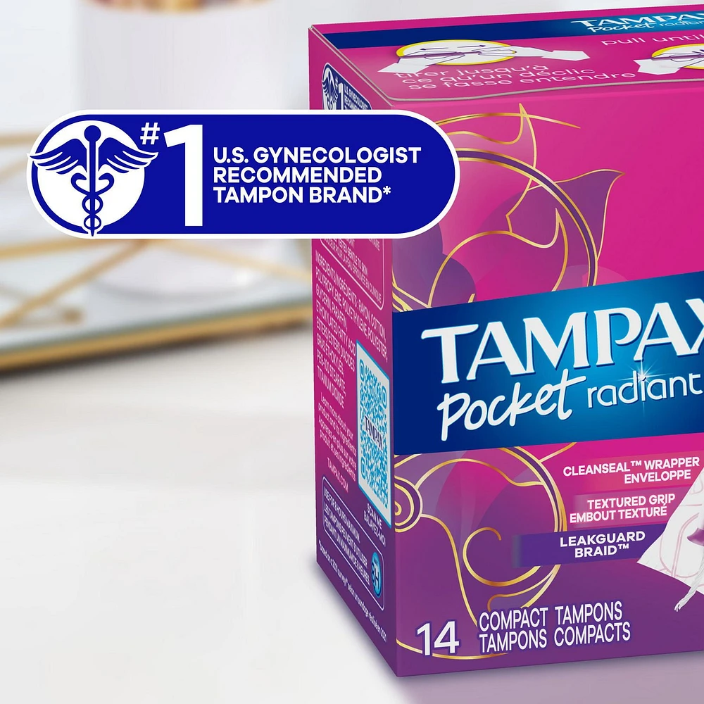 Tampax Pocket Radiant Compact Plastic Tampons, With LeakGuard Braid, Super Absorbency, Unscented, 28CT