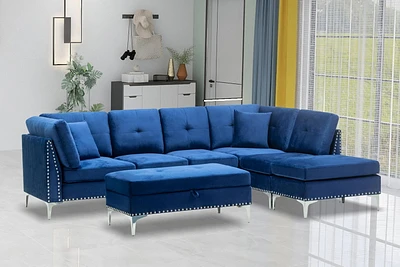 K-LIVING  CYNTHIA MICRO SUEDE SECTIONAL INCLUDING MATCHING PILLOWS, OTTOMAN AND STORAGE  BENCH IN BLUE