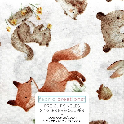 Fabric Creations White with Painted Forest Animals Fat Quarter Pre-Cut Fabric - 18" x 21" / 45cm x 53cm, 18" x 21" / 45cm x 53cm