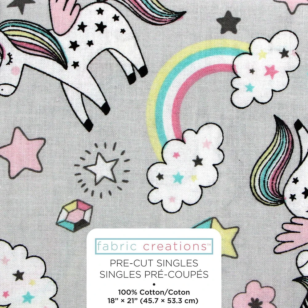 Fabric Creations Grey with Pastel Rainbow Unicorns Fat Quarter Pre-Cut Fabric - 18" x 21" / 45cm x 53cm, 18" x 21" / 45cm x 53cm