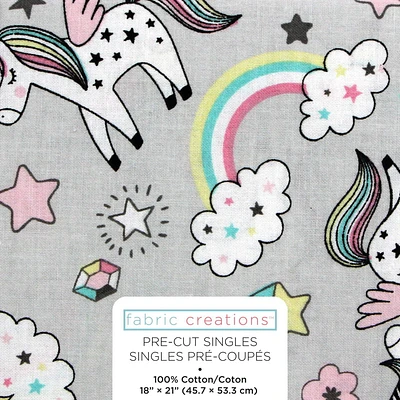 Fabric Creations Grey with Pastel Rainbow Unicorns Fat Quarter Pre-Cut Fabric - 18" x 21" / 45cm x 53cm, 18" x 21" / 45cm x 53cm