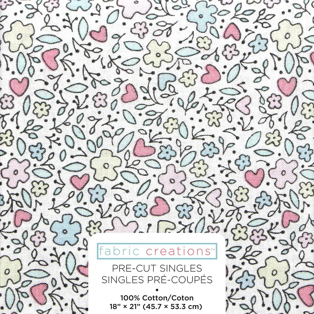 Fabric Creations White with Pastel Drawn Flowers Fat Quarter Pre-Cut Fabric - 18" x 21" / 45cm x 53cm, 18" x 21" / 45cm x 53cm