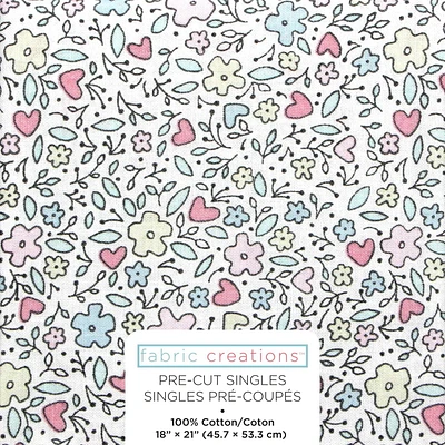 Fabric Creations White with Pastel Drawn Flowers Fat Quarter Pre-Cut Fabric - 18" x 21" / 45cm x 53cm, 18" x 21" / 45cm x 53cm