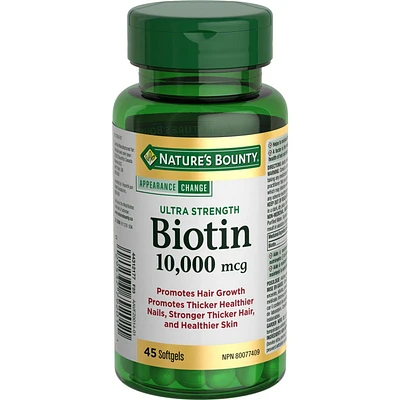 NATURE'S BOUNTY Biotin, Ultra Strength, 10,000 mcg, Promotes Hair Growth, Thicker Healthier Nails, Stronger Thicker Hair & Healthier Skin, Helps Metabolize Nutrients, Softgels 45.0 count