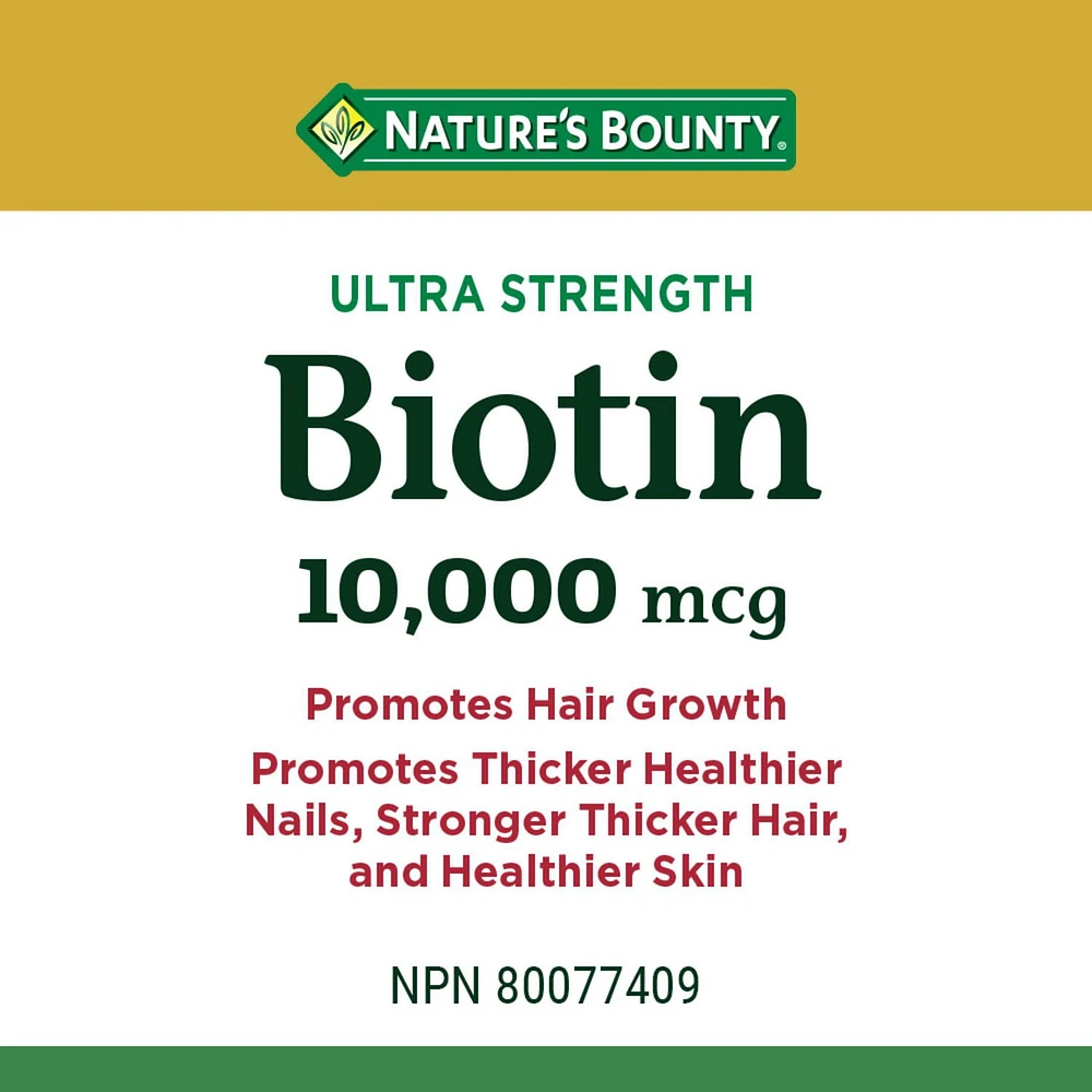 NATURE'S BOUNTY Biotin, Ultra Strength, 10,000 mcg, Promotes Hair Growth, Thicker Healthier Nails, Stronger Thicker Hair & Healthier Skin, Helps Metabolize Nutrients, Softgels 45.0 count