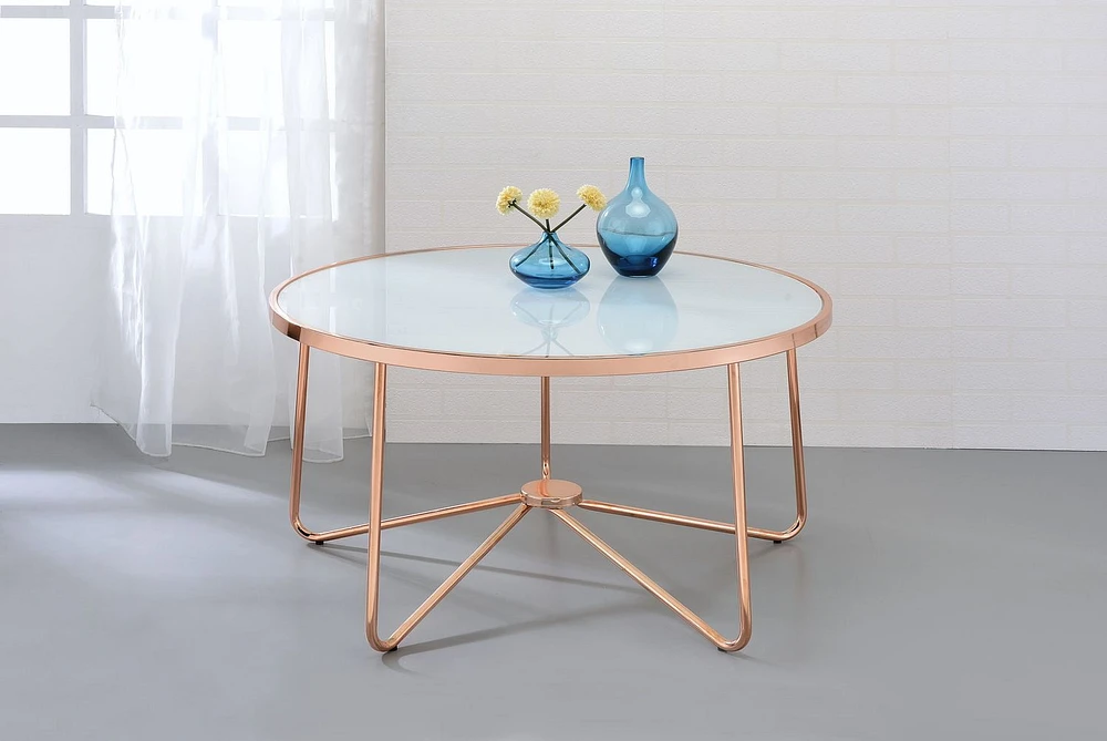 ACME Alivia Coffee Table in Rose Gold & Frosted Glass