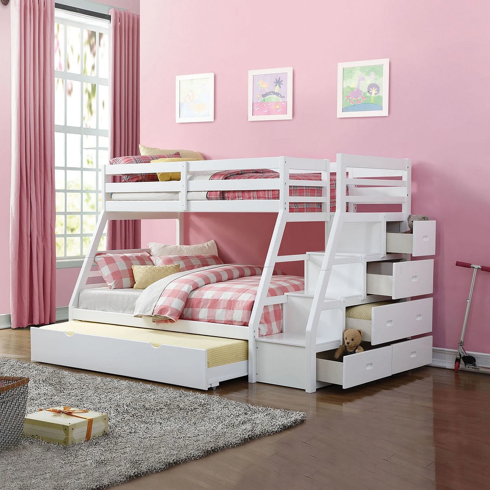 ACME Jason Twin over Full Bunk Bed <br>with Storage Ladder & Trundle in White