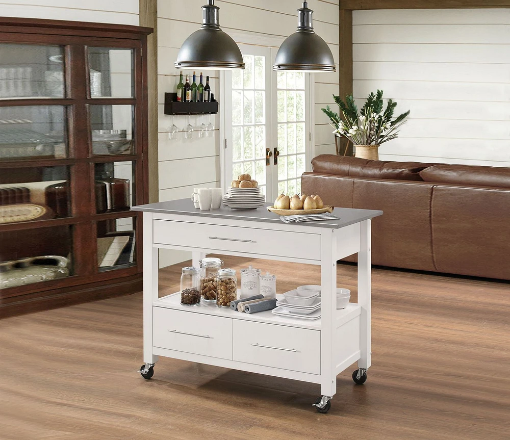 ACME Ottawa Kitchen Cart in Stainless Steel & White