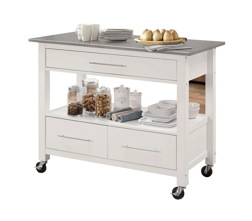 ACME Ottawa Kitchen Cart in Stainless Steel & White