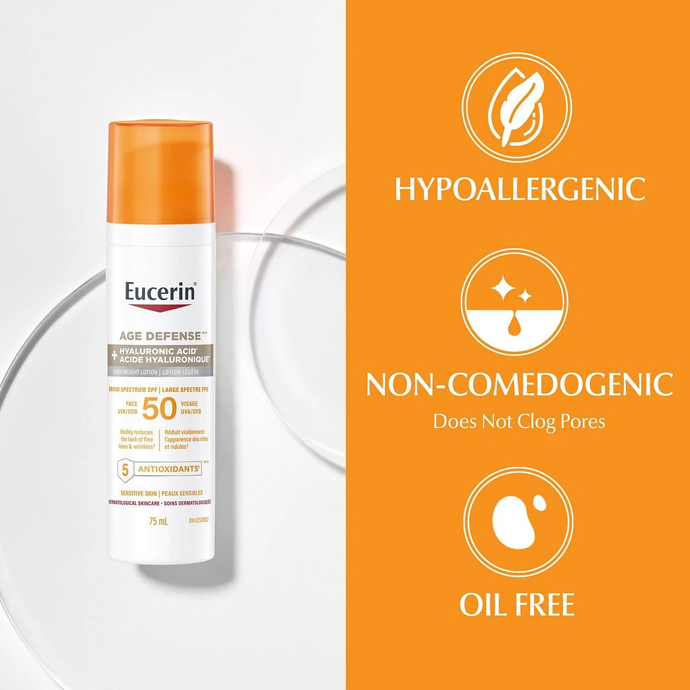Lotion solaire pour le visage Eucerin Sun Défense âge avec FPS 50, 75 ml | Écran solaire pour le visage avec acide hyaluronique et 5 antioxydants Plus qu'une protection solaire