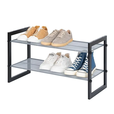 Mainstays Two-Tier Stackable Shoe Rack, Mesh Silver Shelves with wood frame, Stackable, 2 colors frame for option, one is mahogany frame, another is grey frame, Product assembled size:29.5 in. W x 12 in. D x 16 in. H