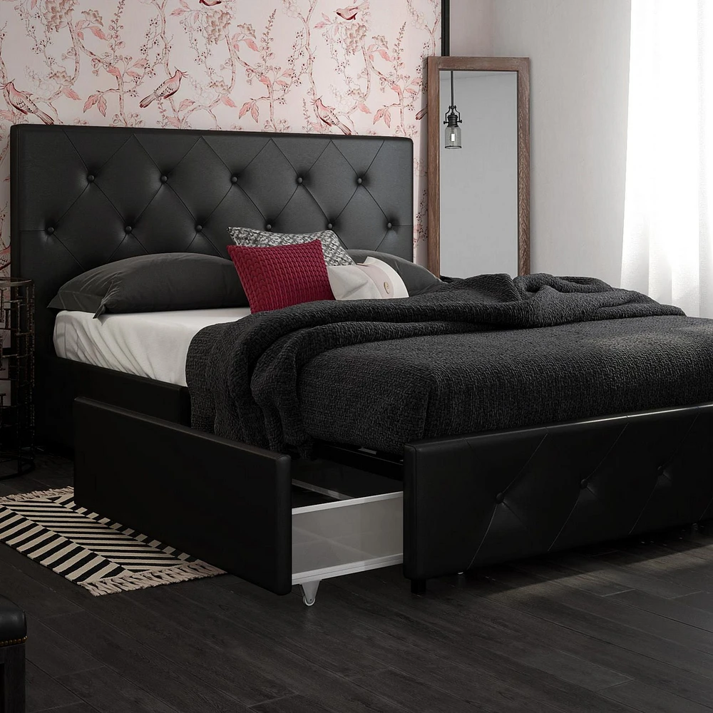 DHP Dakota Upholstered Bed with Storage Drawers, Black Faux Leather, Full