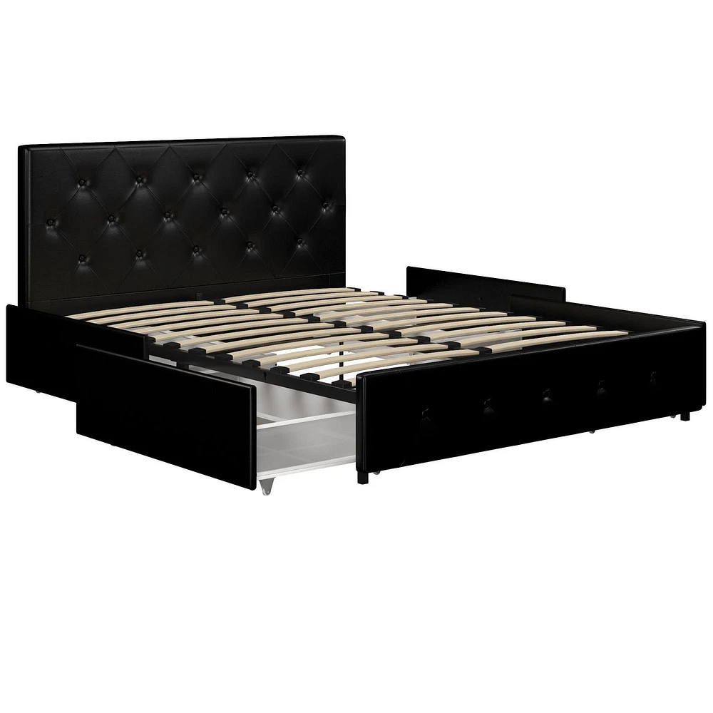 DHP Dakota Upholstered Bed with Storage Drawers, Black Faux Leather, Full