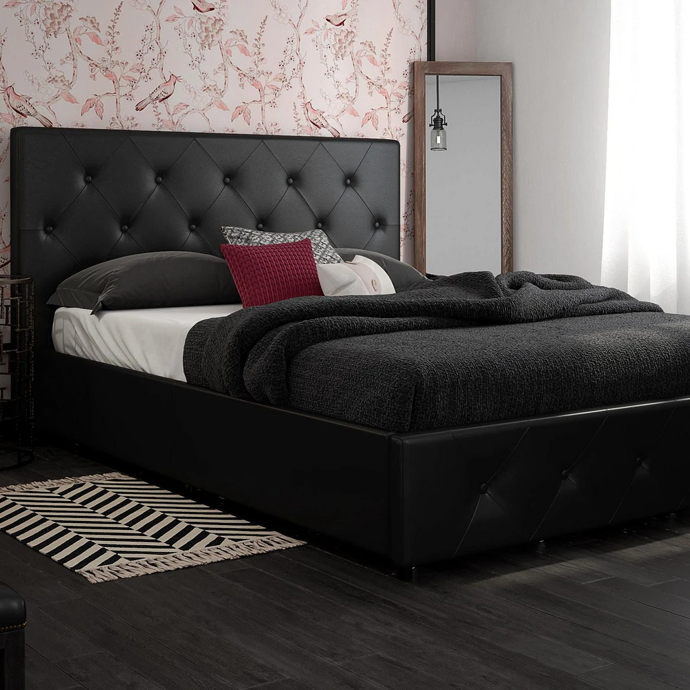 DHP Dakota Upholstered Bed with Storage Drawers, Black Faux Leather, Full