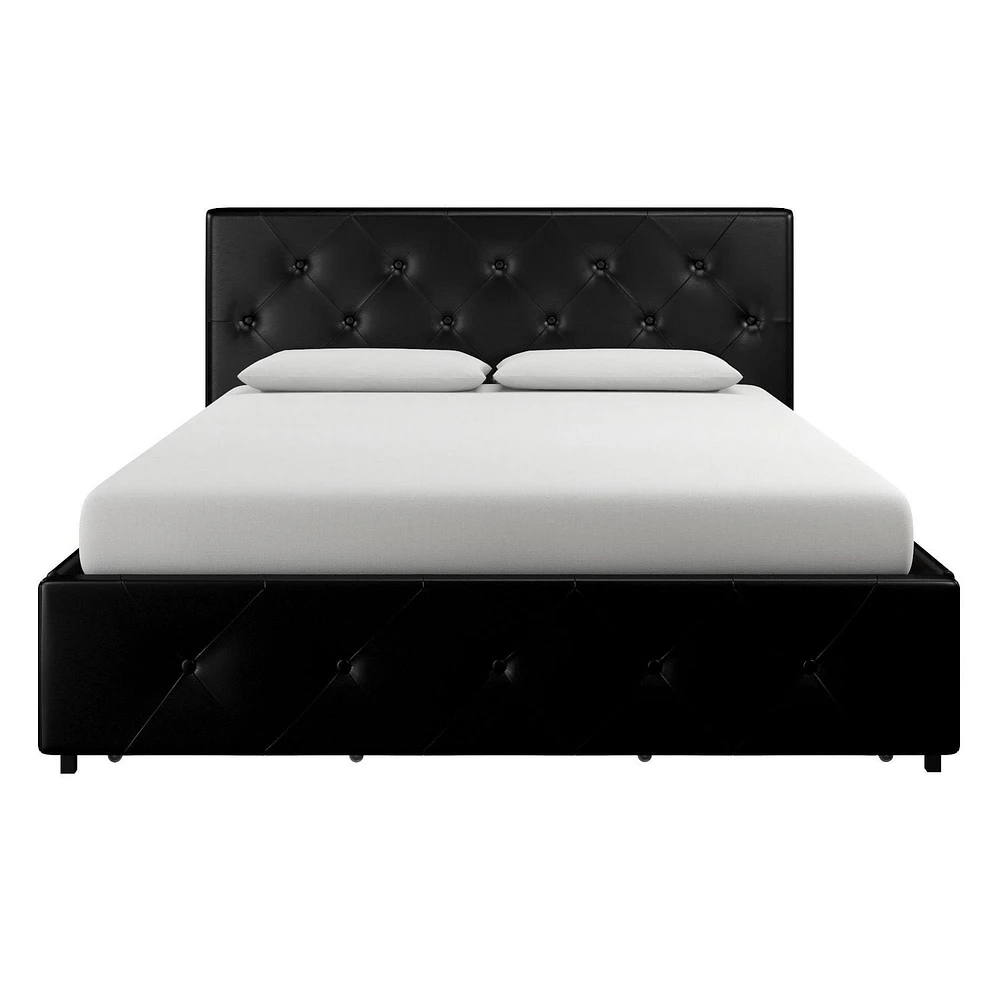 DHP Dakota Upholstered Bed with Storage Drawers, Black Faux Leather, Full