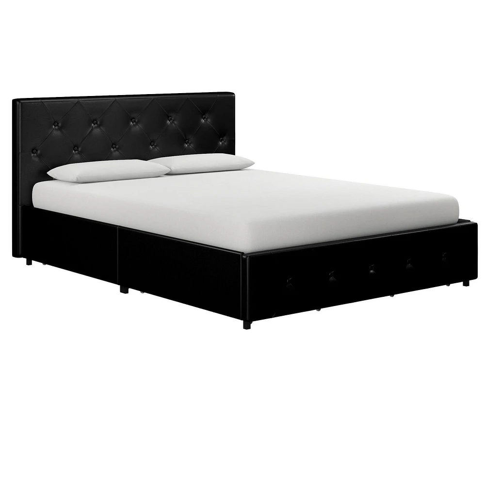 DHP Dakota Upholstered Bed with Storage Drawers, Black Faux Leather, Full