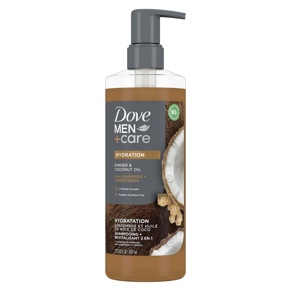 Dove Men+Care Hydration Ginger & Coconut Oil 2-in-1 Shampoo + Conditioner, 517 ml