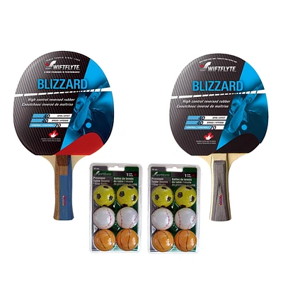 Swiftflyte™ Blizzard Table Tennis/Ping Pong Racket & Ball Set - Includes 2 High-Control Paddles & 12 Balls