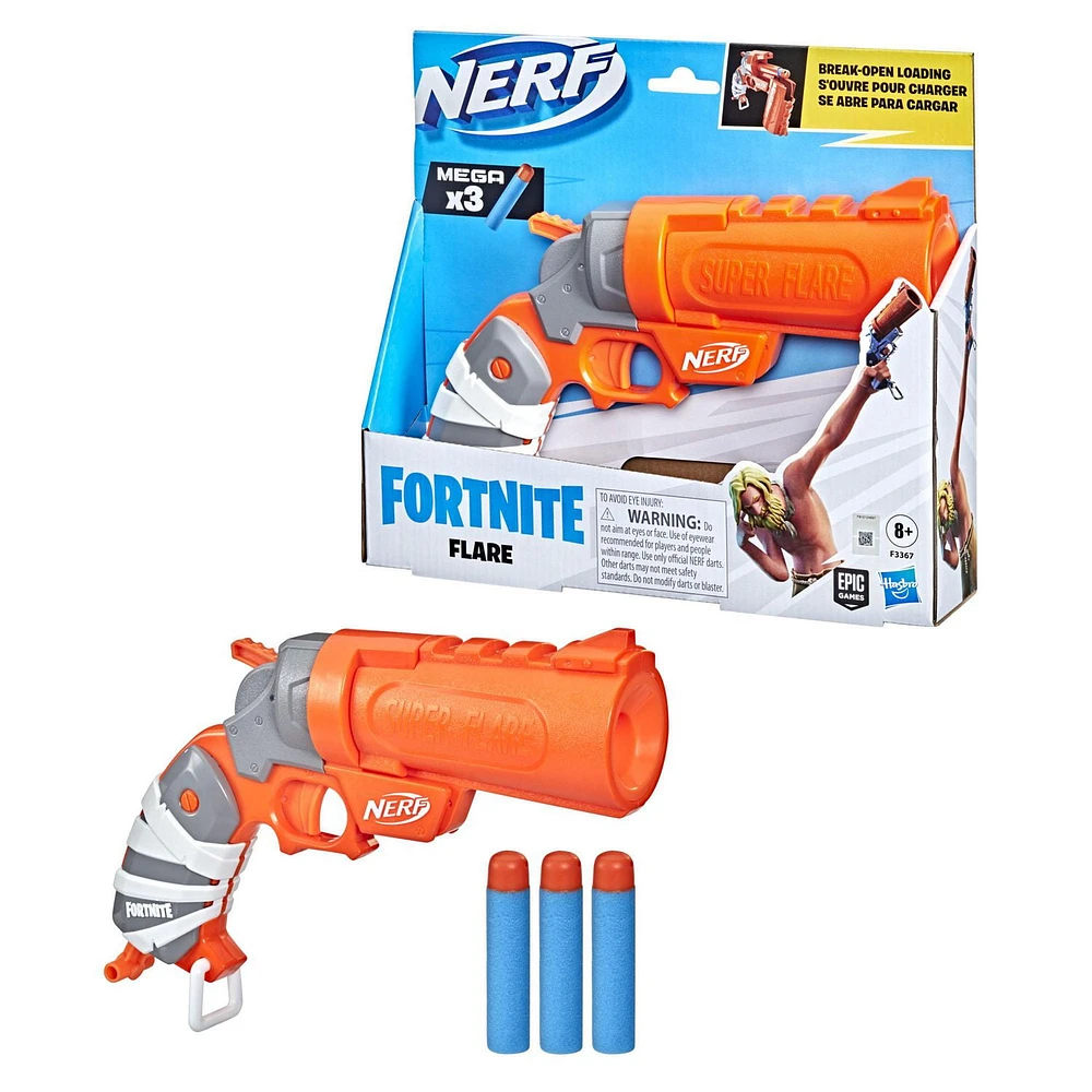 Nerf Fortnite Flare Dart Blaster, Break-Open Dart Loading, Includes 3 Nerf Mega Darts That Whistle Through the Air, Pull-Down Priming Handle