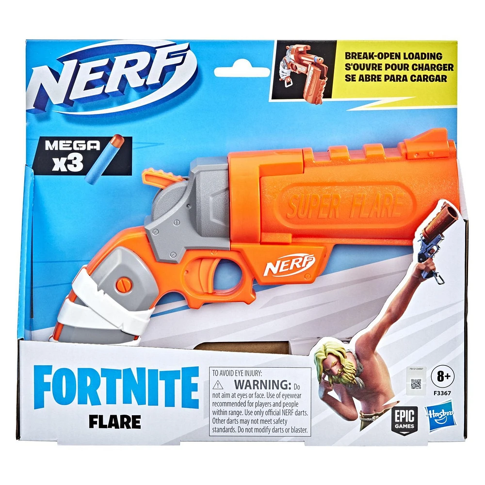 Nerf Fortnite Flare Dart Blaster, Break-Open Dart Loading, Includes 3 Nerf Mega Darts That Whistle Through the Air, Pull-Down Priming Handle