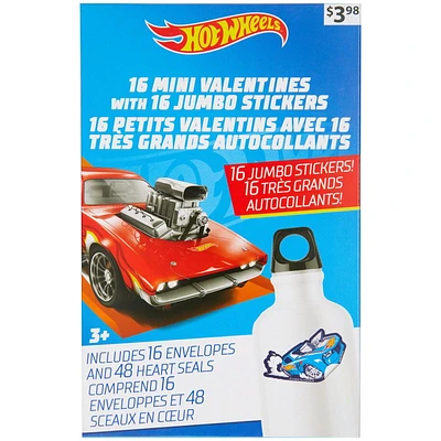 Hot Wheels Mini Valentine Cards with Jumbo Stickers, Multi-Colored