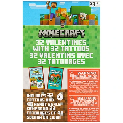 Mincecraft Valentine Cards with Tattoos, Multi-Colored, 32 Count