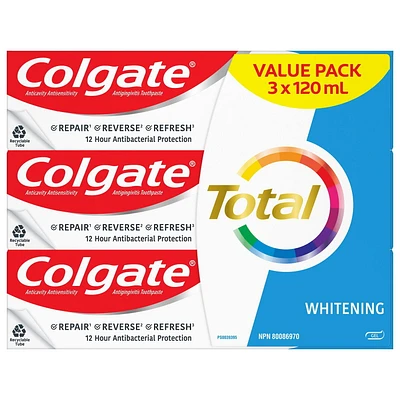 Colgate Total Whitening Toothpaste, 120 mL, 3-pack, Gel, 3 x 120 mL