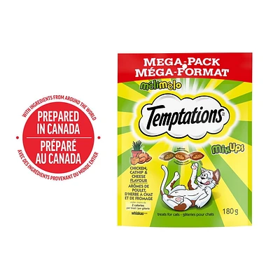 Gâteries pour chats Temptations Mélimélo arômes de poulet, d’herbe à chat et de cheddar, tendres à l'intérieur, croquantes à l'extérieur 85 g - 850 g