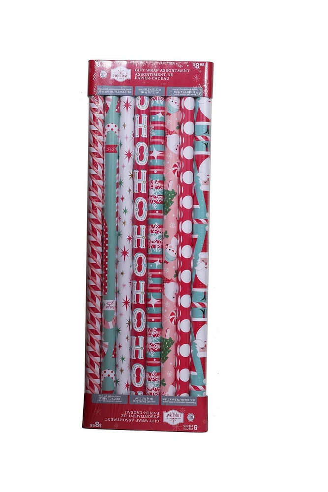 Holiday Time Christmas Wrapping Paper 8 Rolls Assortment, Quantity 144 square feet