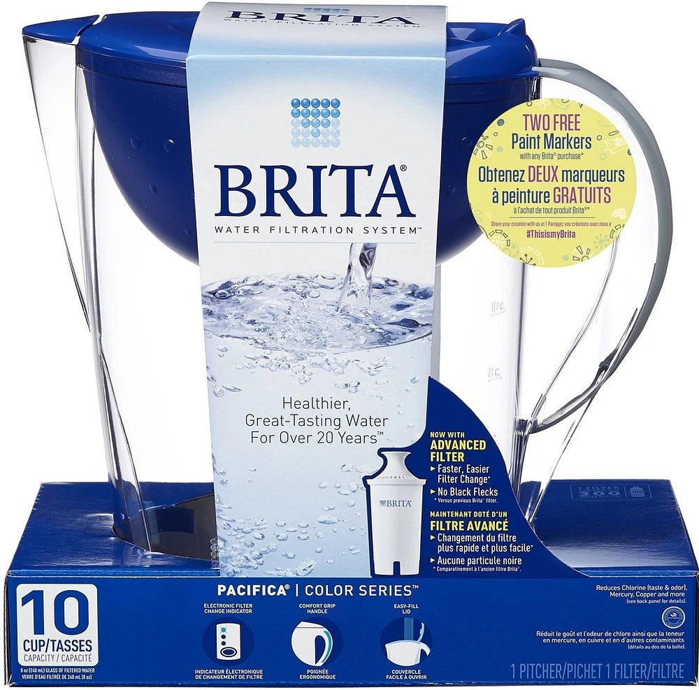 Brita Pacifica Water Filtration Pitcher with Paint Markers Blue, 10 Cup