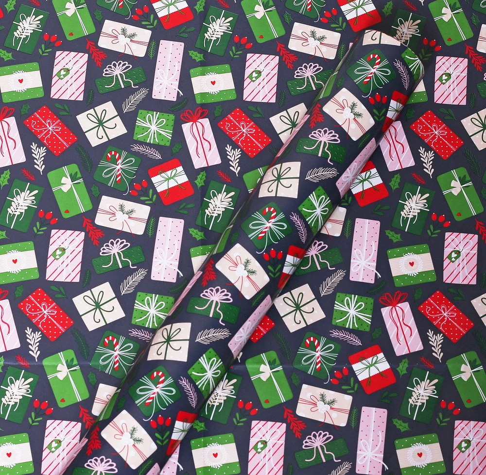 Holiday Time Christmas Gift Wrapping Paper Reversible Jumbo Roll, Holiday Parcels