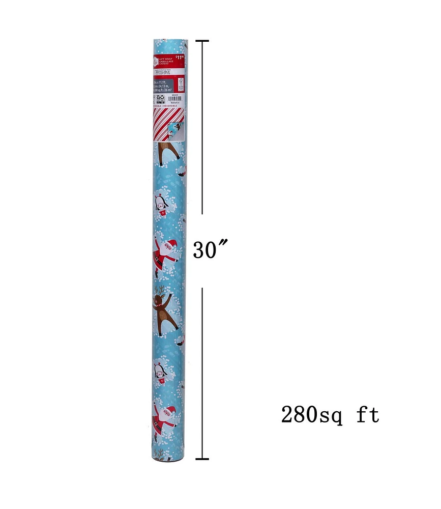 Holiday Time Christmas Gift Wrapping Paper Reversible Jumbo Roll, Santa with Characters and Candy Cane Stripes